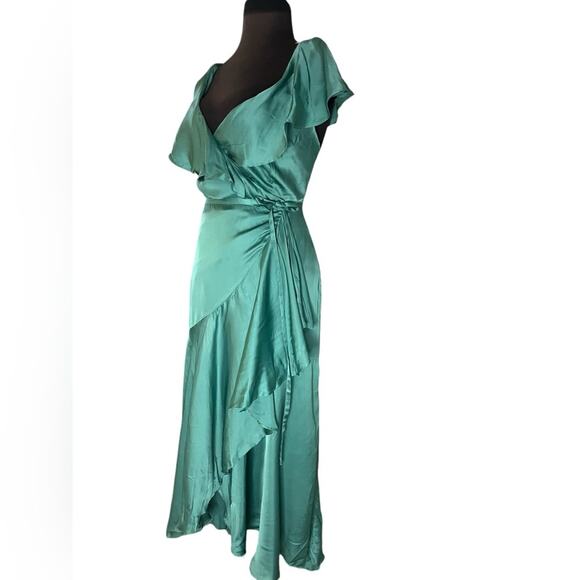 Anthropologie Green Satin Ruffle Wrap Coquette Feminine Midi Maxi Dress XXS NWT - Picture 6 of 12